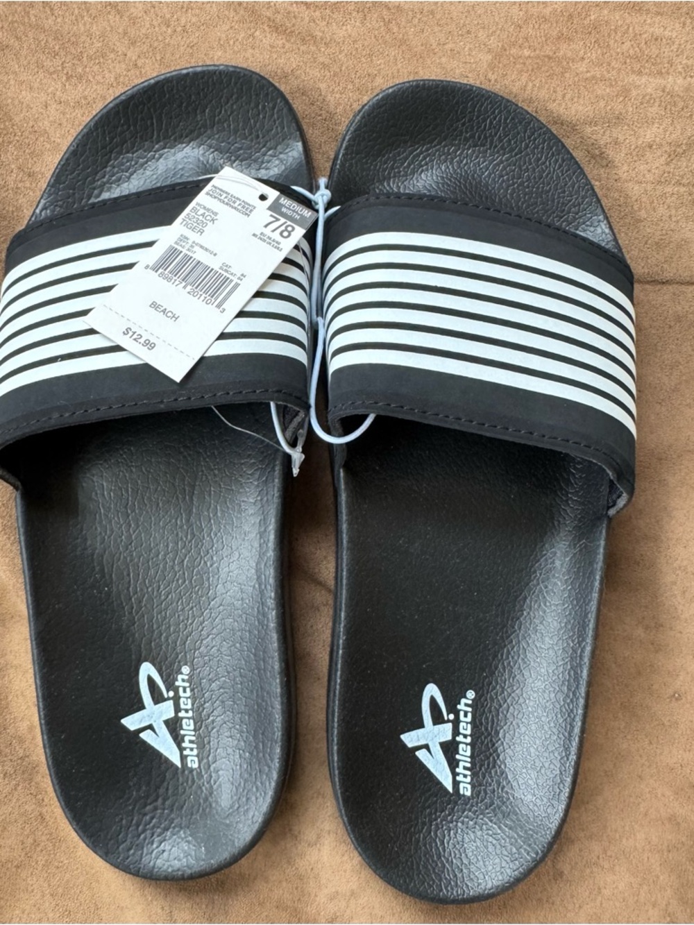 Athletech Black Slides with White Striped Strap